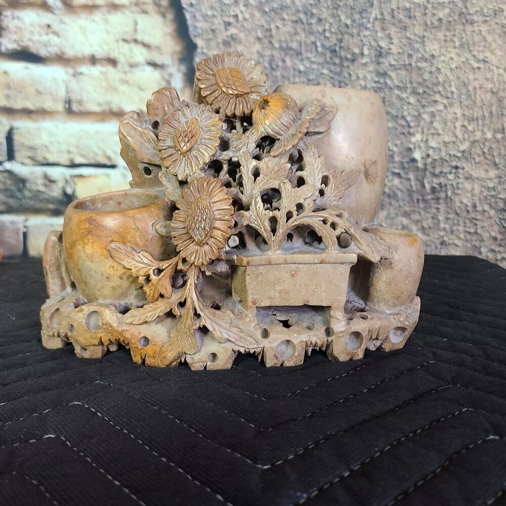 Soapstone Hawaii Flowers Handcrafted Carved Large Sculpture